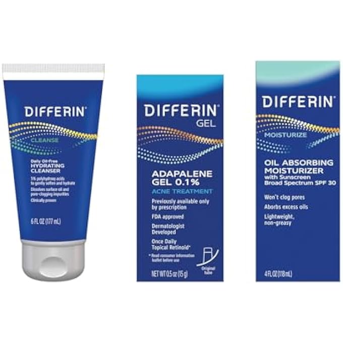 differin SKINCARE KIT WITH ACNE TREATMENTS FOR FACE, 3-STEP REGIMEN WITH DAILY OIL-FREE HYDRATING FACE WASH, ADAPALENE GEL RETINOID, & FACE MOISTURIZER WITH SPF, ACNE KIT FOR ACNE-PRONE SKIN - Image 1